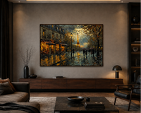 Rainy Paris Street With Eiffel Tower Romantic Framed Canvas Wall Art