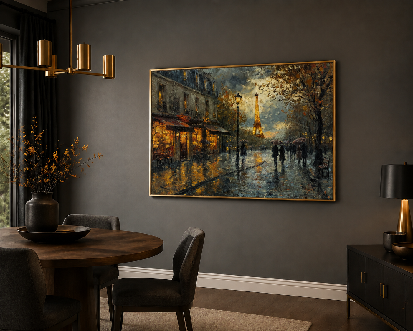 Rainy Paris Street With Eiffel Tower Romantic Framed Canvas Wall Art