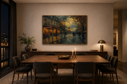 Rainy Paris Street With Eiffel Tower Romantic Framed Canvas Wall Art