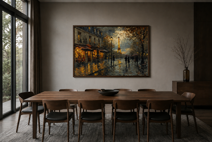 Rainy Paris Street With Eiffel Tower Romantic Framed Canvas Wall Art