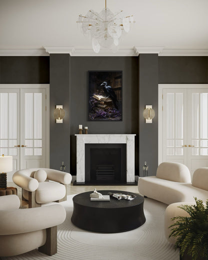 Raven In The Library With Withered Flowers Framed Gothic Wall Art