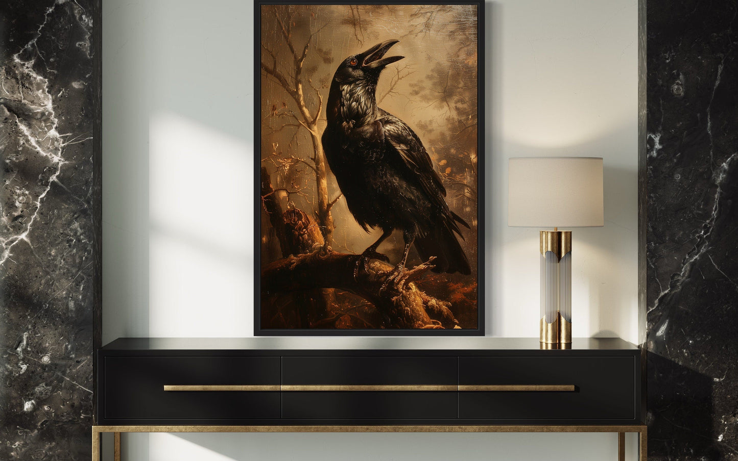 Raven On A Branch Vintage Gothic Halloween Wall Art