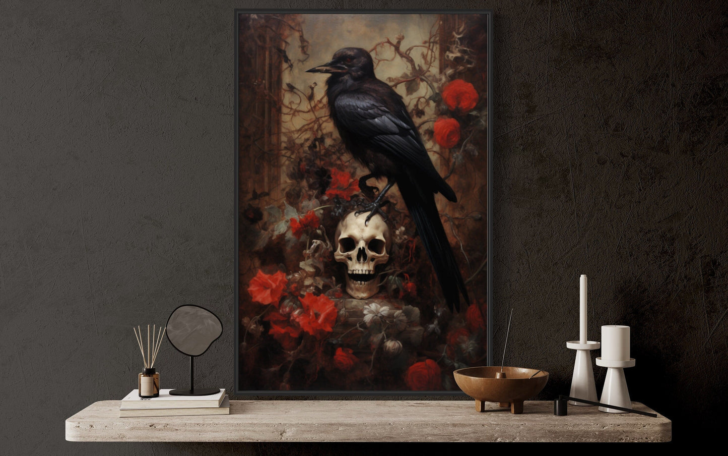 Raven On A Human Skull And Withered Flowers Gothic Framed Canvas Wall Art