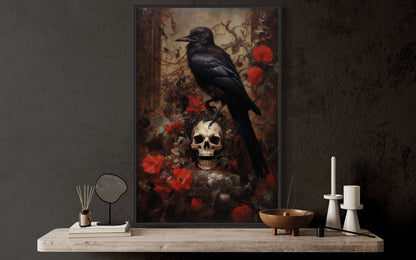 Raven On A Human Skull And Withered Flowers Gothic Framed Canvas Wall Art