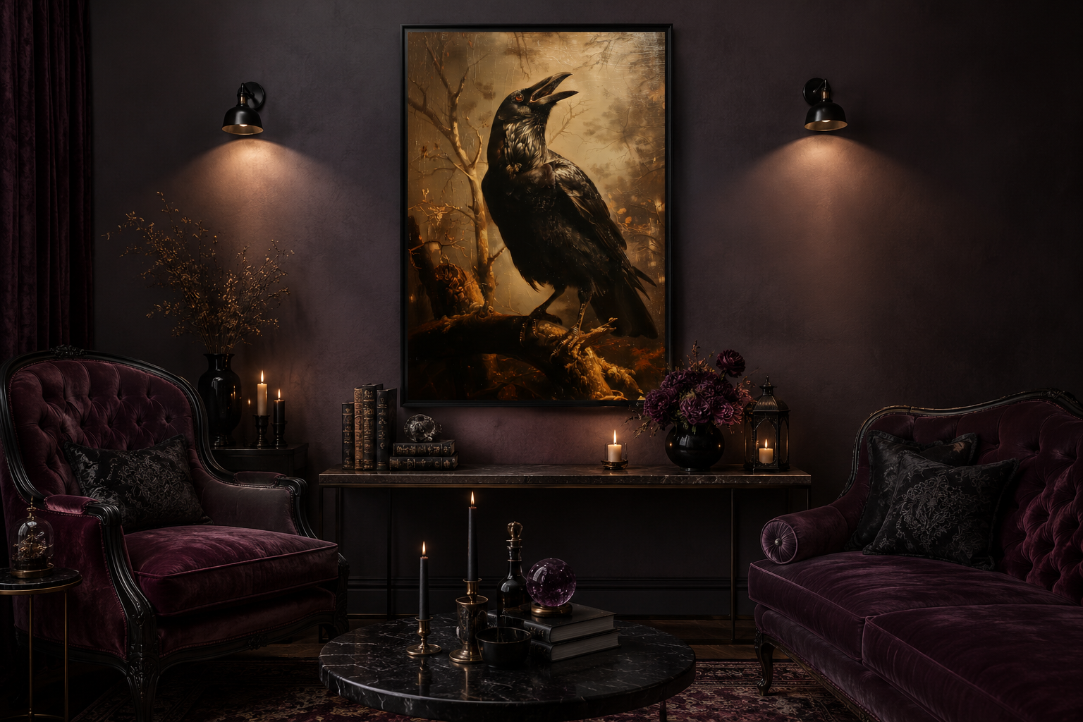 Raven On A Branch Vintage Gothic Halloween Wall Art