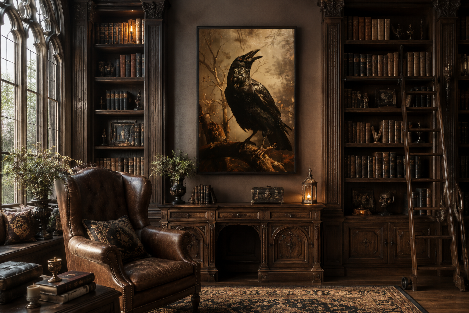 Raven On A Branch Vintage Gothic Halloween Wall Art