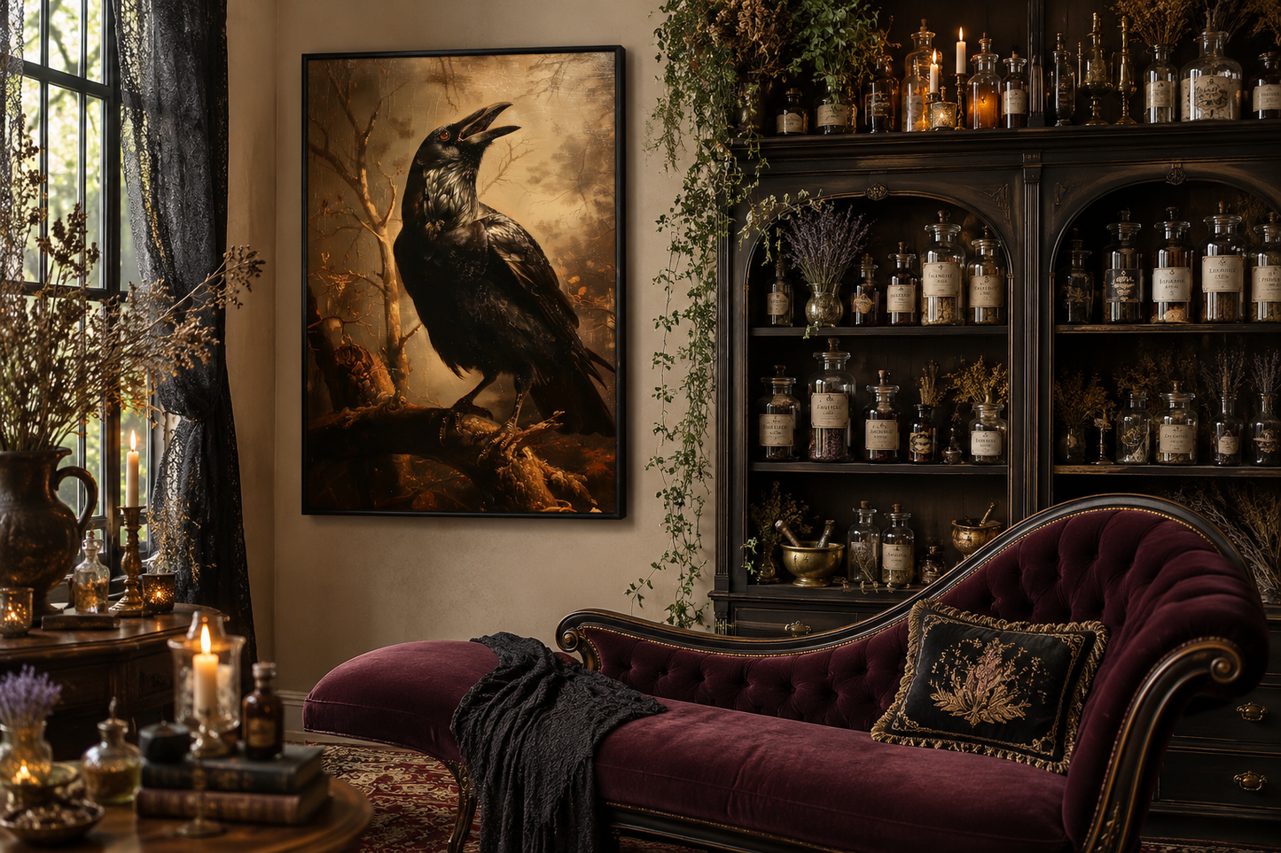 Raven On A Branch Vintage Gothic Halloween Wall Art