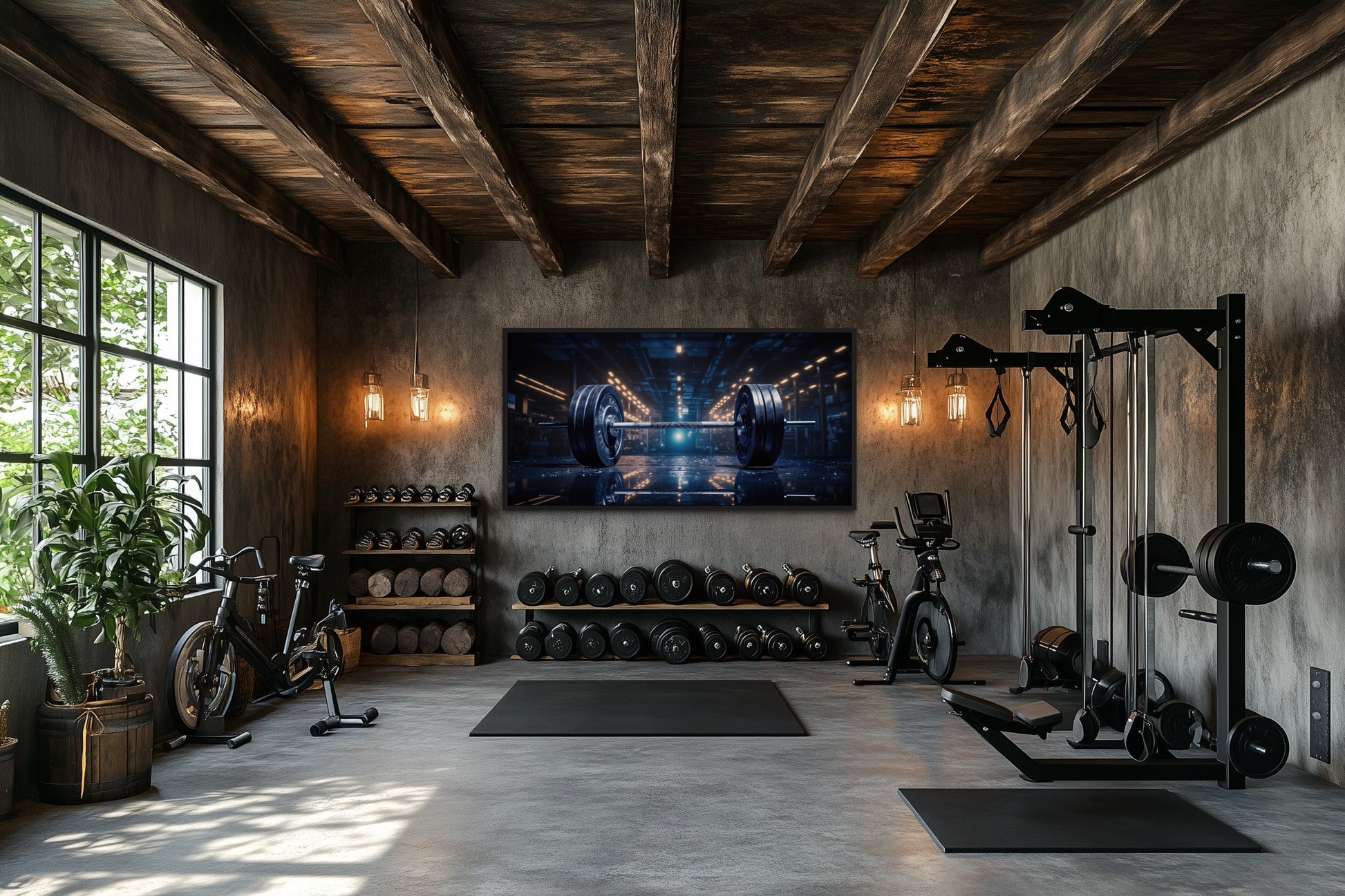 Realistic Barbell Painting Gym Framed Canvas Wall Art