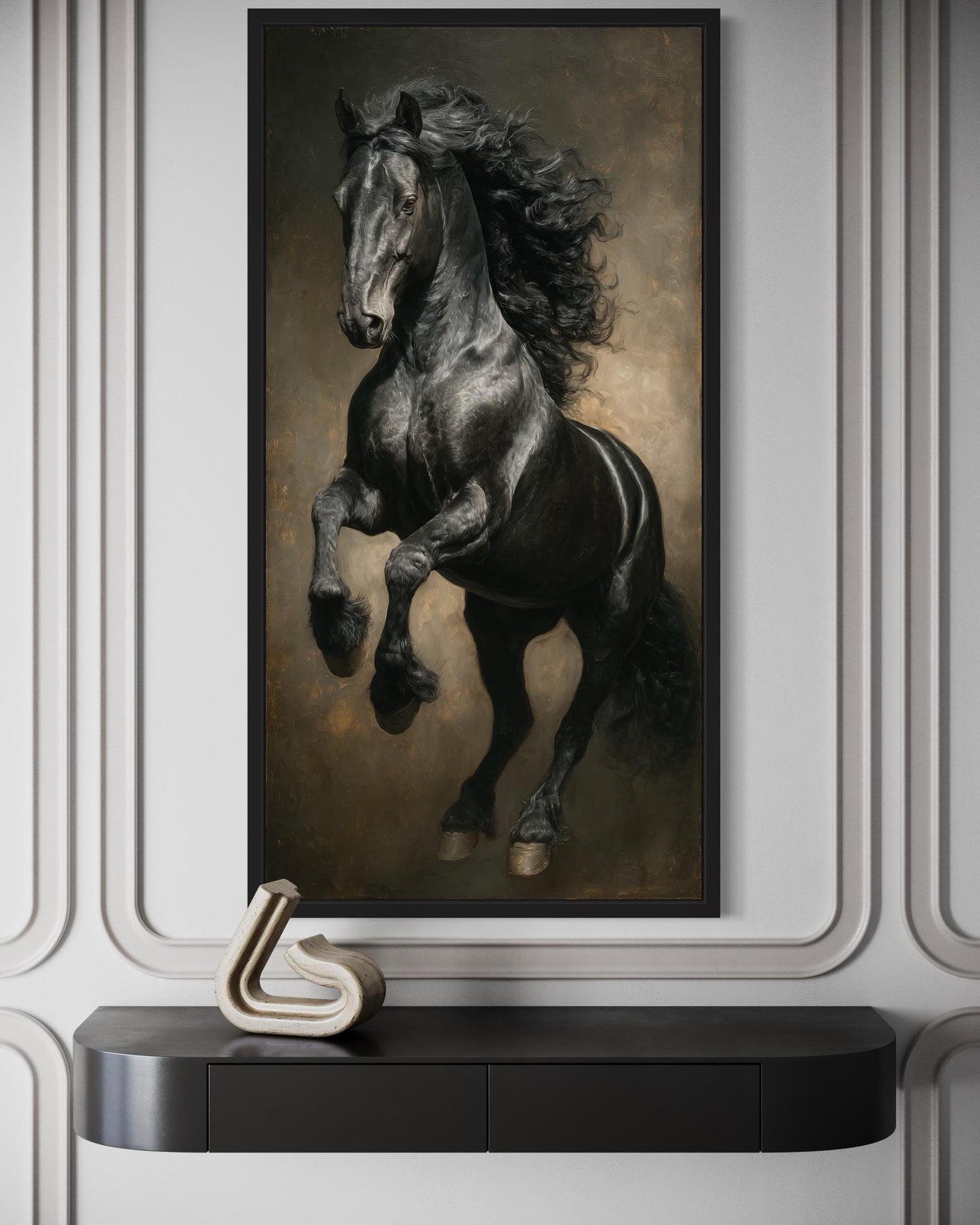 Rearing Black Stallion Framed Canvas Wall Art For Mens Office Decor