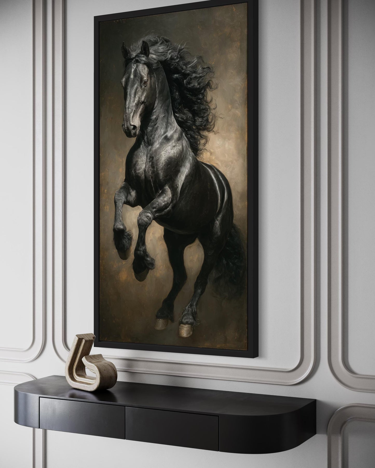 Rearing Black Stallion Framed Canvas Wall Art For Mens Office Decor
