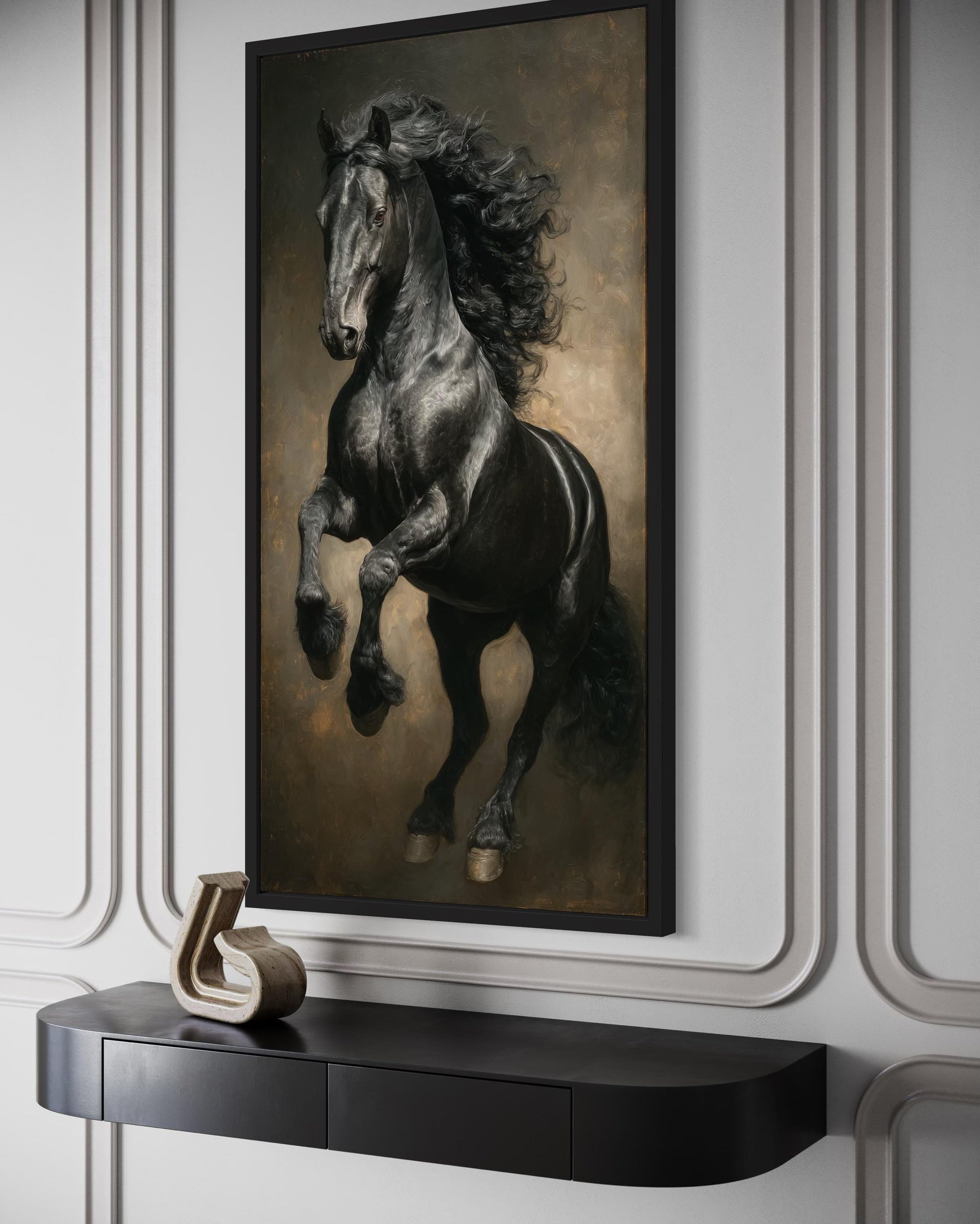 Rearing Black Stallion Framed Canvas Wall Art For Mens Office Decor