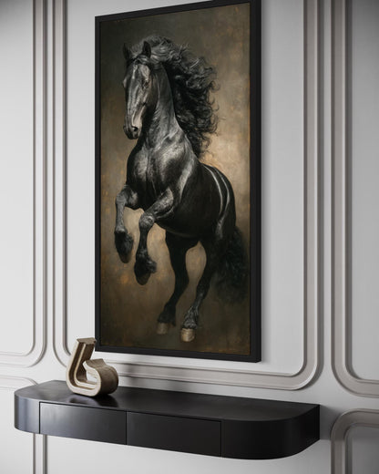 Rearing Black Stallion Framed Canvas Wall Art For Mens Office Decor