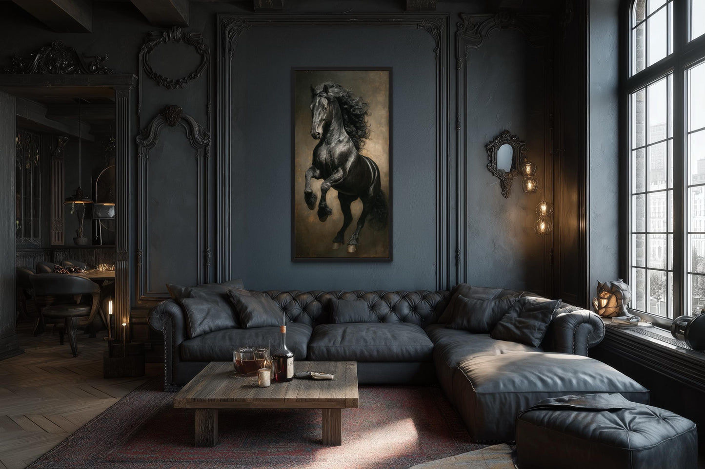 Rearing Black Stallion Framed Canvas Wall Art For Mens Office Decor