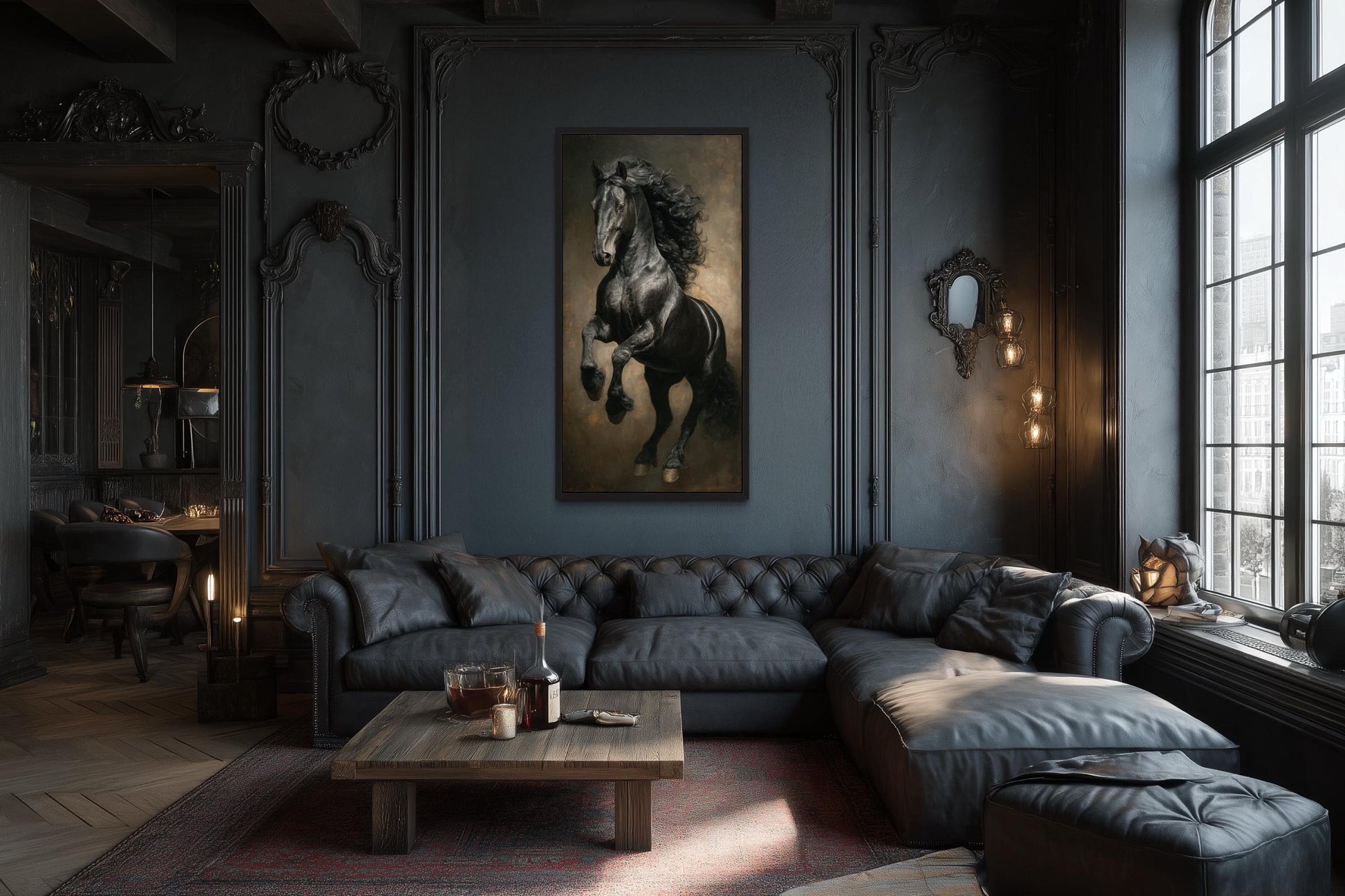 Rearing Black Stallion Framed Canvas Wall Art For Mens Office Decor