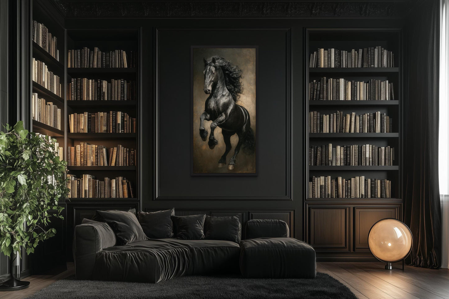 Rearing Black Stallion Framed Canvas Wall Art For Mens Office Decor