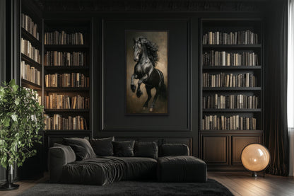 Rearing Black Stallion Framed Canvas Wall Art For Mens Office Decor