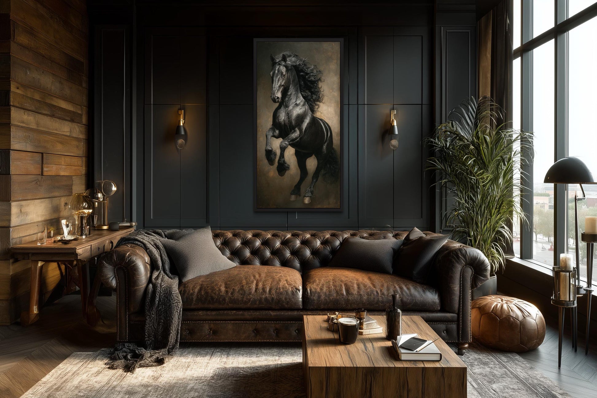 Rearing Black Stallion Framed Canvas Wall Art For Mens Office Decor