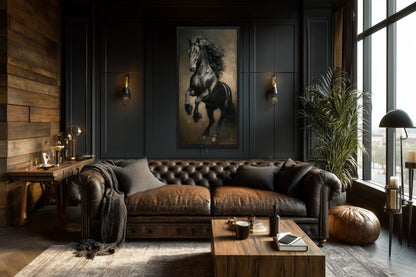 Rearing Black Stallion Framed Canvas Wall Art For Mens Office Decor