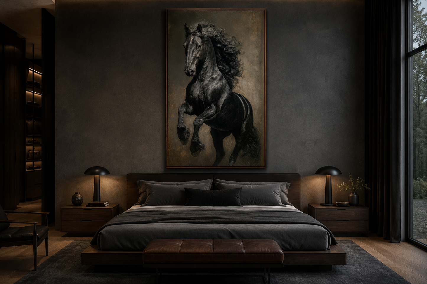 Rearing Black Stallion Framed Canvas Wall Art For Mens Office Decor