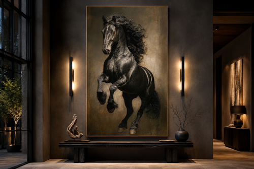 Rearing Black Stallion Framed Canvas Wall Art For Mens Office Decor