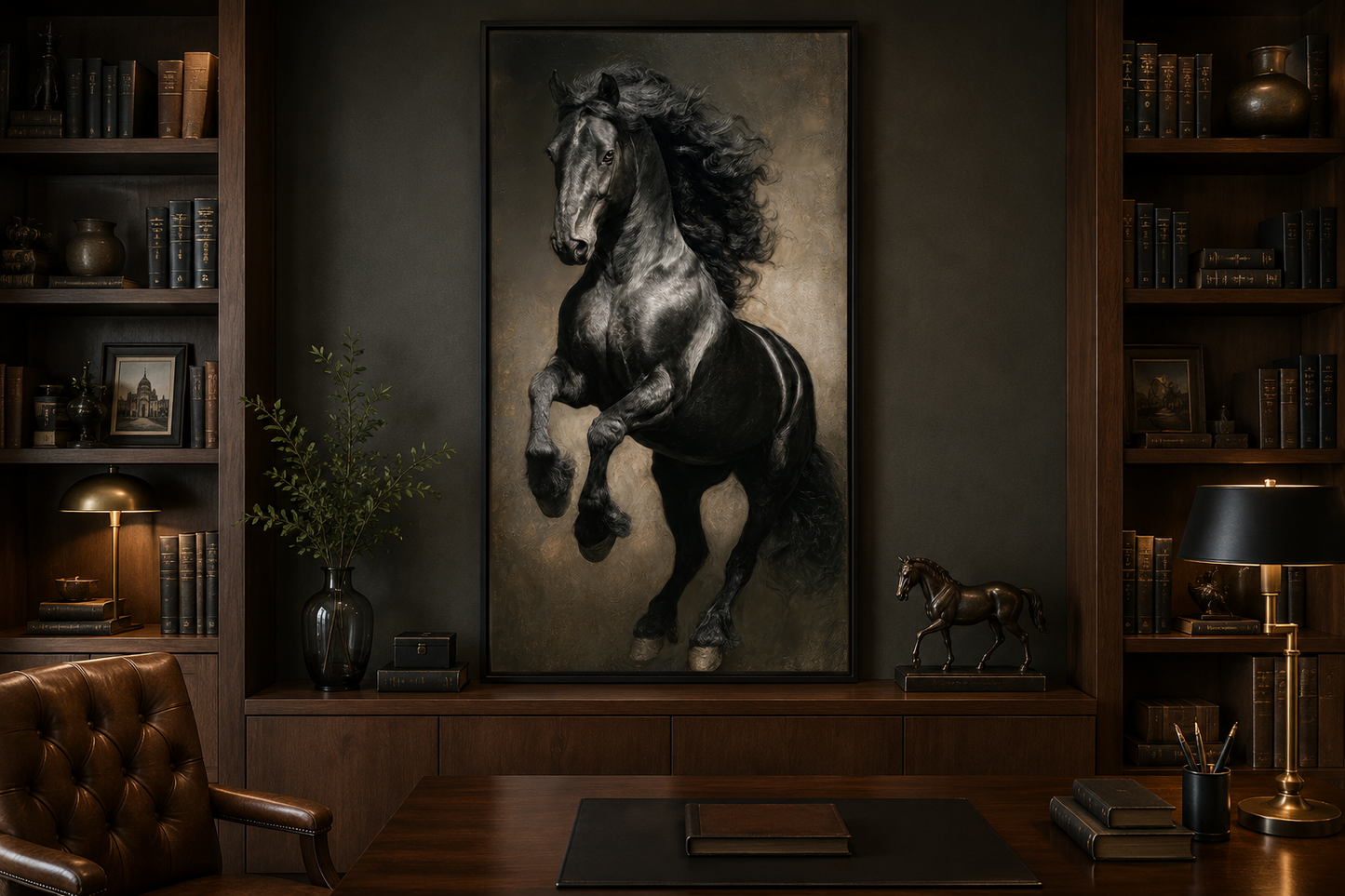 Rearing Black Stallion Framed Canvas Wall Art For Mens Office Decor