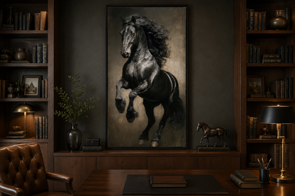 Rearing Black Stallion Framed Canvas Wall Art For Mens Office Decor