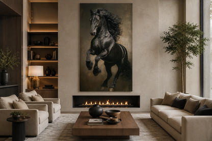 Rearing Black Stallion Framed Canvas Wall Art For Mens Office Decor