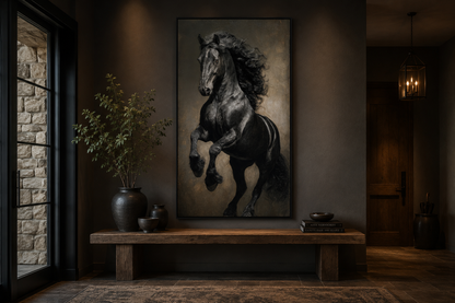 Rearing Black Stallion Framed Canvas Wall Art For Mens Office Decor
