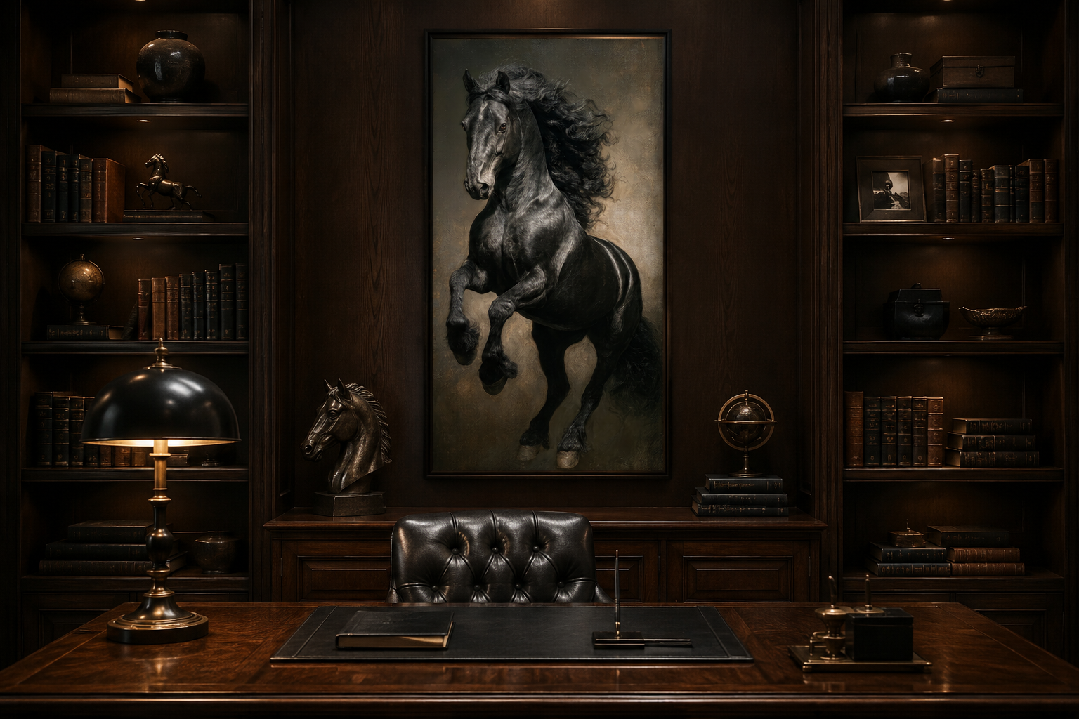 Rearing Black Stallion Framed Canvas Wall Art For Mens Office Decor