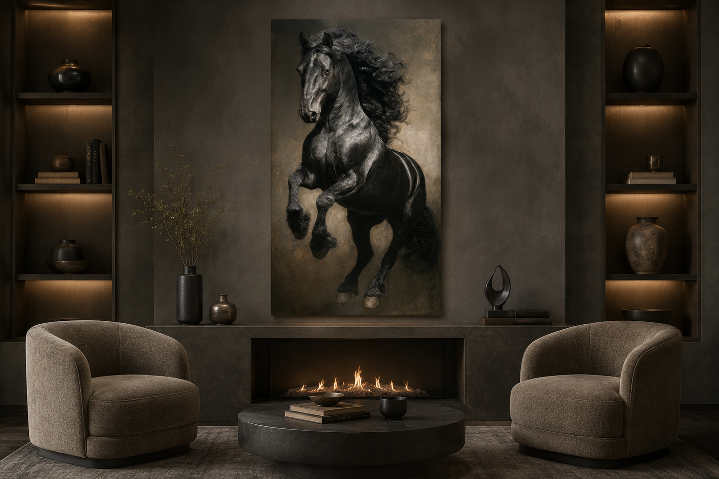 Rearing Black Stallion Framed Canvas Wall Art For Mens Office Decor