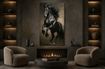 Rearing Black Stallion Framed Canvas Wall Art For Mens Office Decor