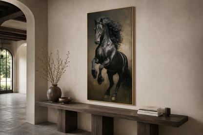 Rearing Black Stallion Framed Canvas Wall Art For Mens Office Decor
