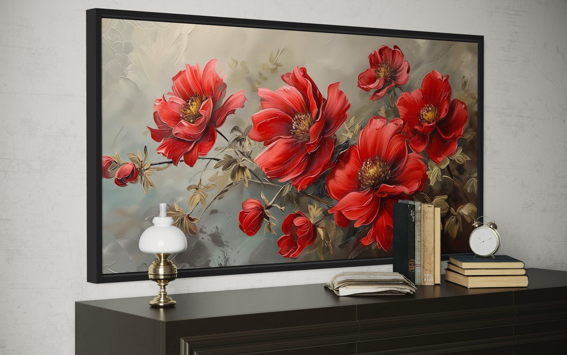 Red Abstract Flowers Framed Canvas Wall Art For Living Room Or Bedroom