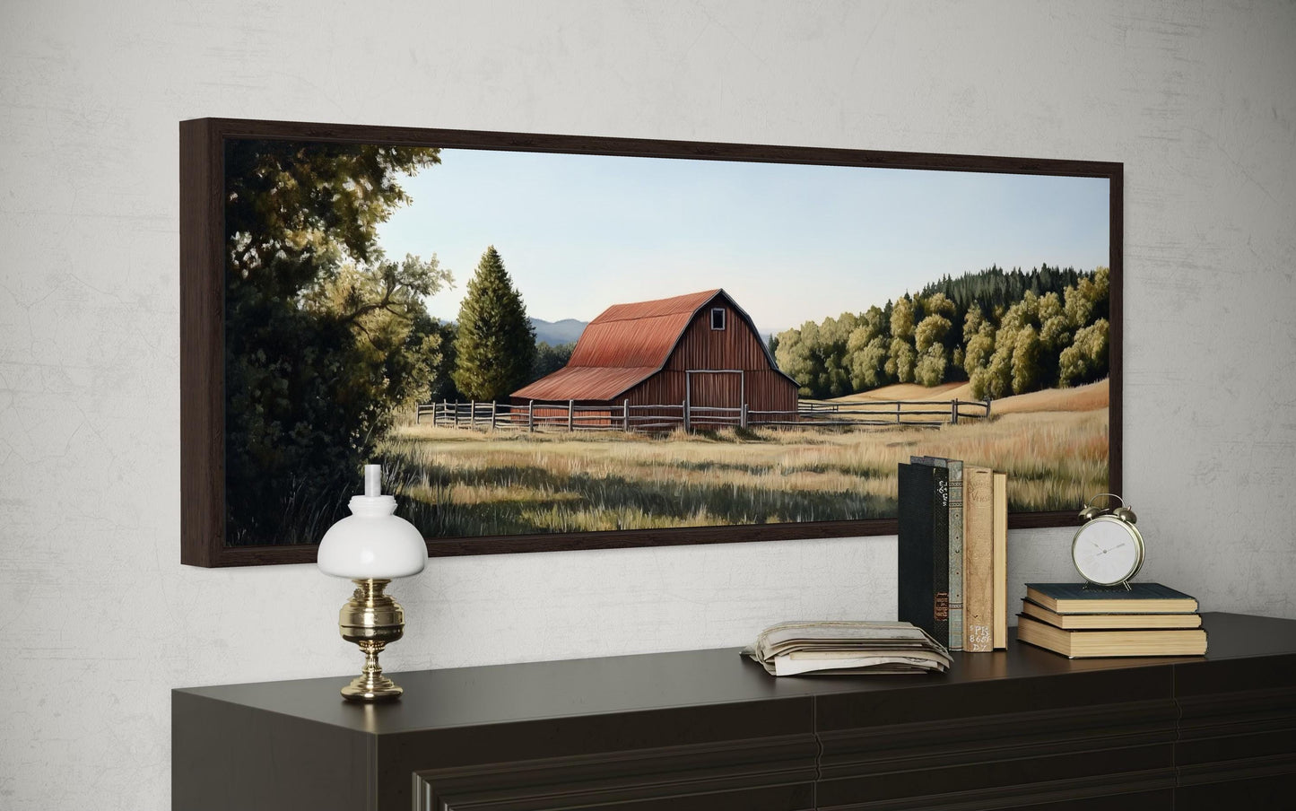 Red Barn And Farm Landscape Long Horizontal Canvas Wall Art