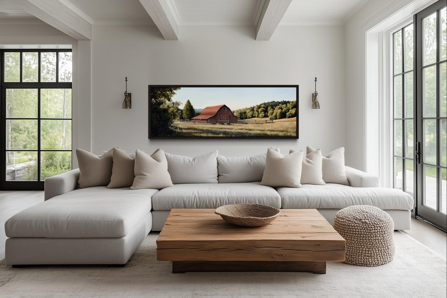 Red Barn And Farm Landscape Long Horizontal Canvas Wall Art
