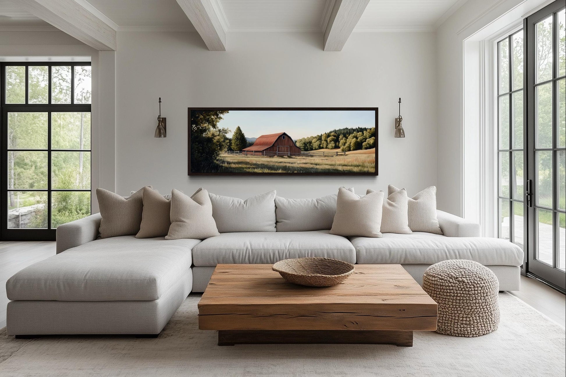 Red Barn And Farm Landscape Long Horizontal Canvas Wall Art
