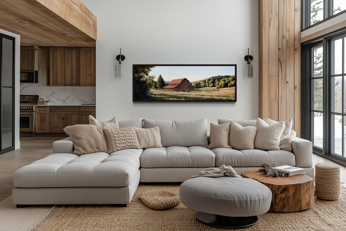 Red Barn And Farm Landscape Long Horizontal Canvas Wall Art