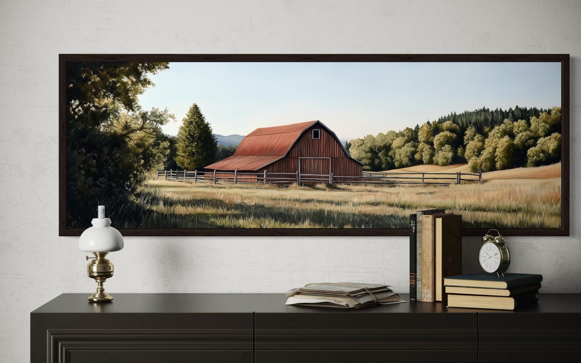 Red Barn And Farm Landscape Long Horizontal Canvas Wall Art