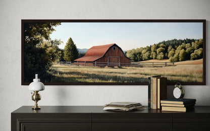 Red Barn And Farm Landscape Long Horizontal Canvas Wall Art