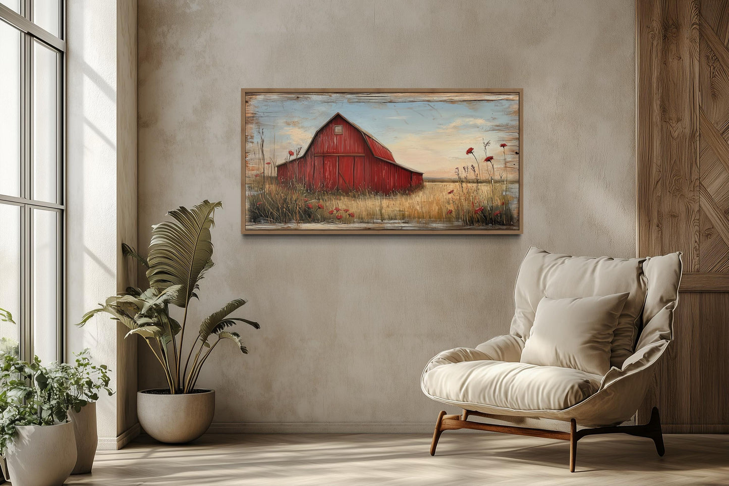 Old Red Barn On Weathered Wood Canvas Wall Art For Farmhouse Living Room