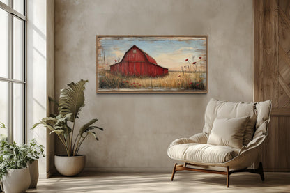 Old Red Barn On Weathered Wood Canvas Wall Art For Farmhouse Living Room