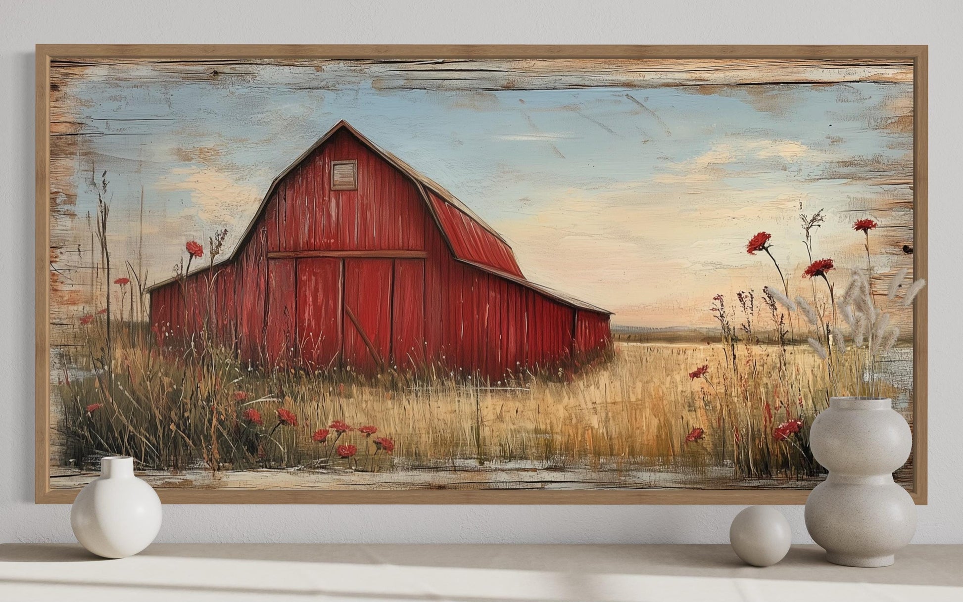 Old Red Barn On Weathered Wood Canvas Wall Art For Farmhouse Living Room