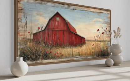 Old Red Barn On Weathered Wood Canvas Wall Art For Farmhouse Living Room
