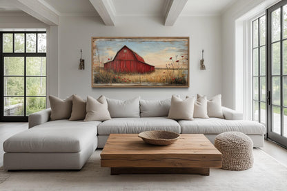 Old Red Barn On Weathered Wood Canvas Wall Art For Farmhouse Living Room