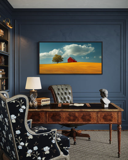 Red Barn Wall Art – Framed Yellow Field Painting | Rustic Farmhouse Decor
