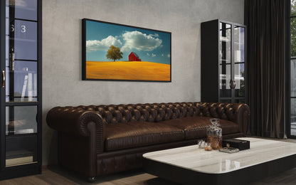 Red Barn Wall Art – Framed Yellow Field Painting | Rustic Farmhouse Decor
