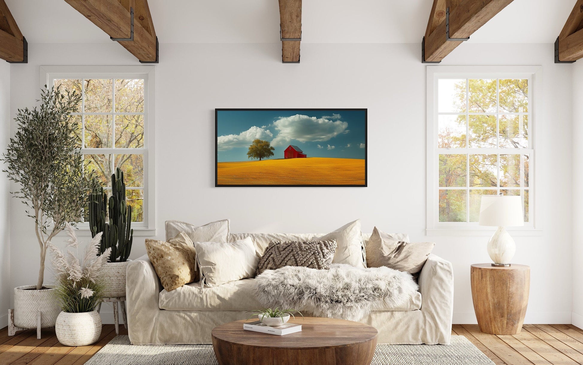 Red Barn Wall Art – Framed Yellow Field Painting | Rustic Farmhouse Decor