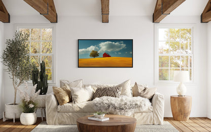 Red Barn Wall Art – Framed Yellow Field Painting | Rustic Farmhouse Decor