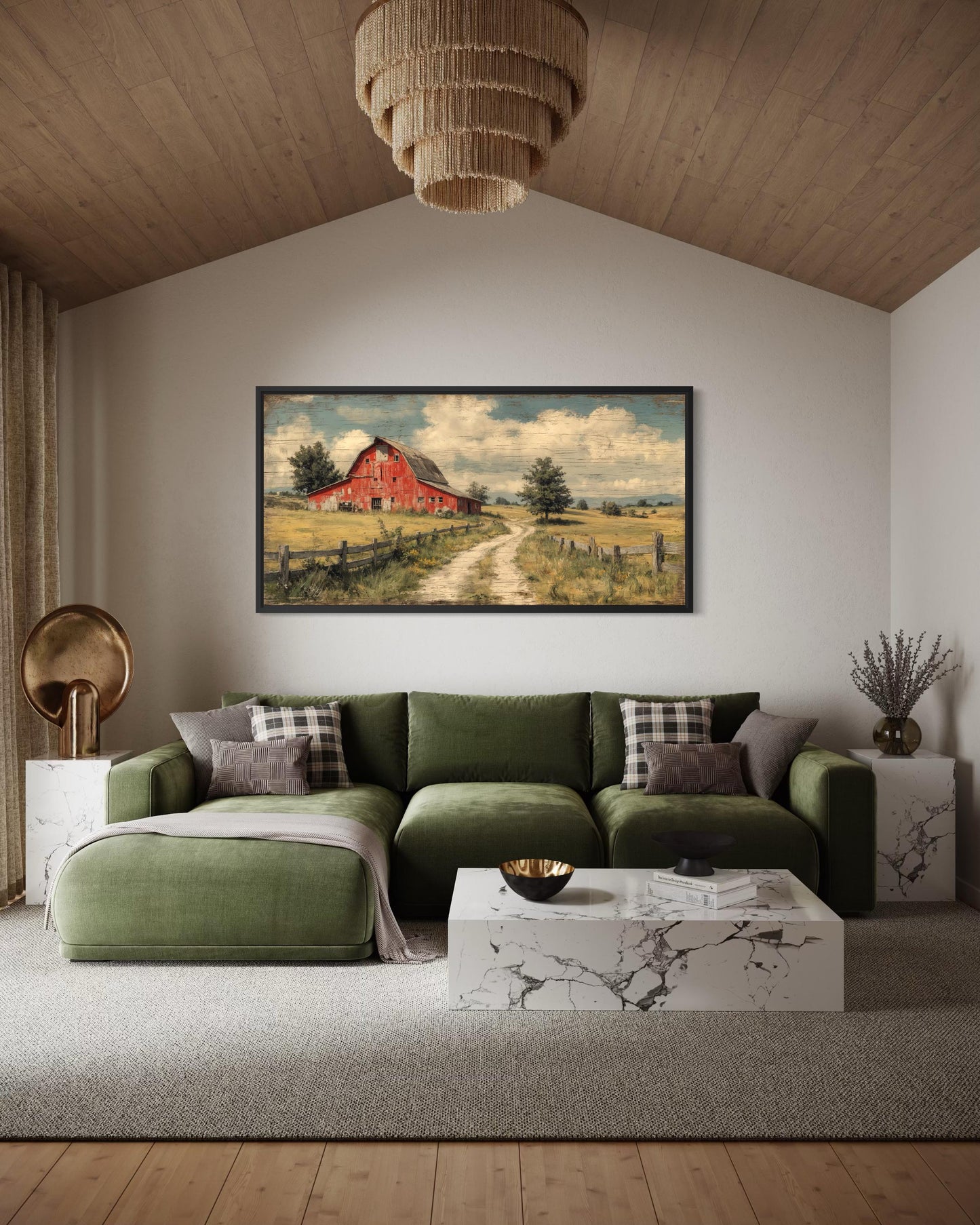 Red Barn Wall Art Large Horizontal Canvas Print, Rustic Farmhouse Living Room Decor