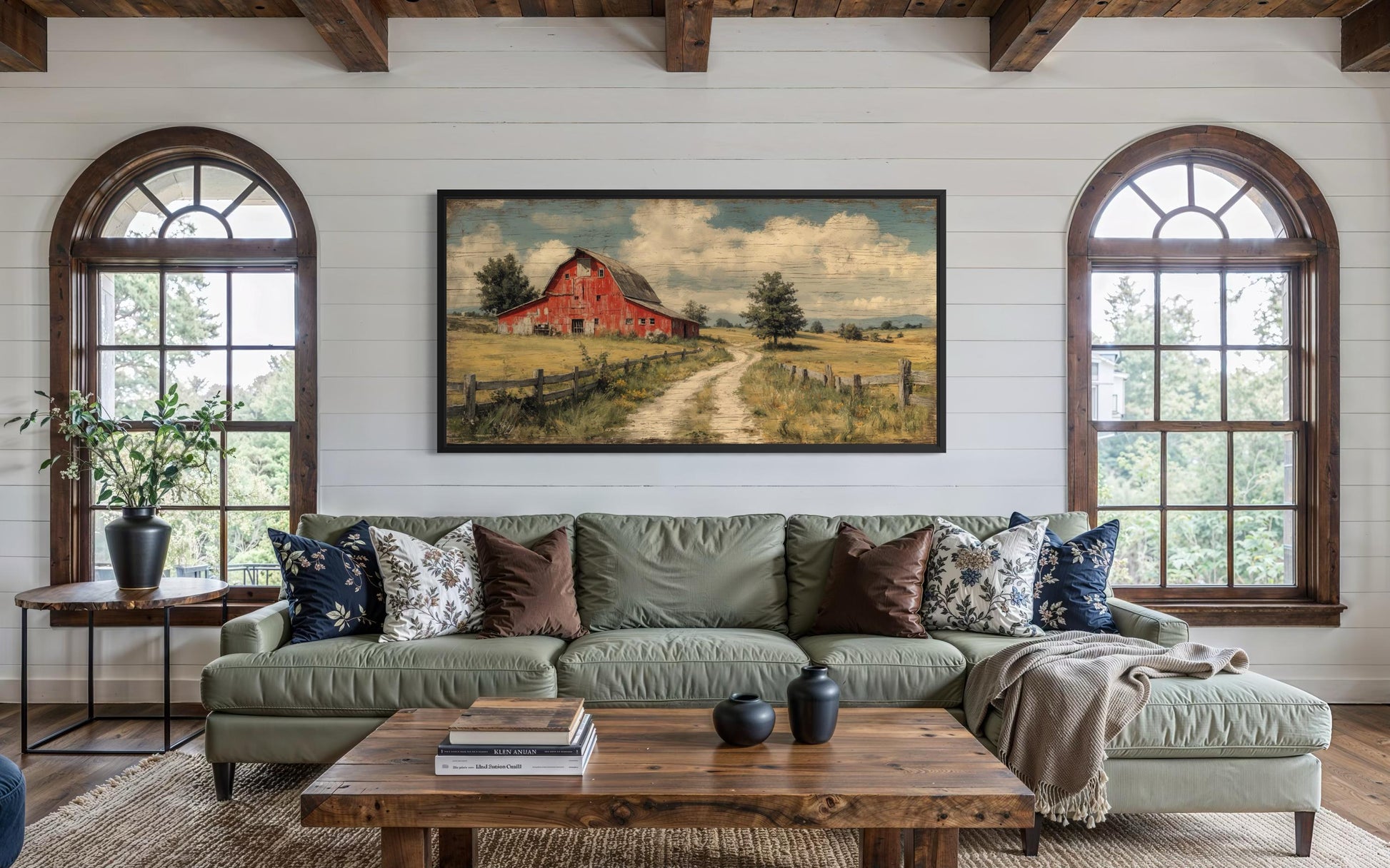 Red Barn Wall Art Large Horizontal Canvas Print, Rustic Farmhouse Living Room Decor